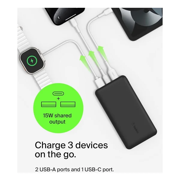 Belkin USB C Taşınabilir Powerbank 20000 mAh, USB Tip C Giriş Çıkış Bağlantı Noktalı 20k Güç Bankası İçin USB C - A Kablosu Dahil 2 USB A Bağlantı Noktası, Siyah - Görsel 5