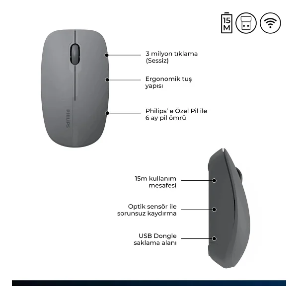 Philips Spk7418 Gri Sessiz Optik Kablosuz Mouse - Görsel 4