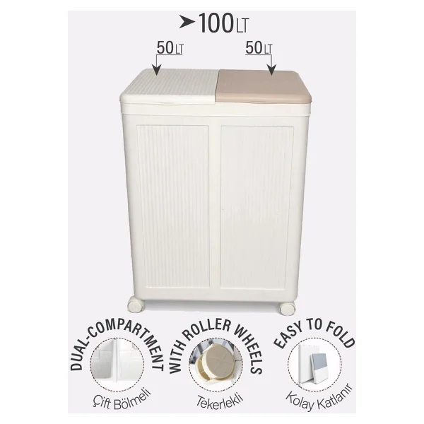 Bursev Tekerlekli Katlanır Çift Bölmeli Çamaşır Sepeti 100 Lt - Pratik Ve Geniş Hacimli Kirli Çamaşır Sepeti - 61x49,5x36 Cm - Beyaz - Görsel 5