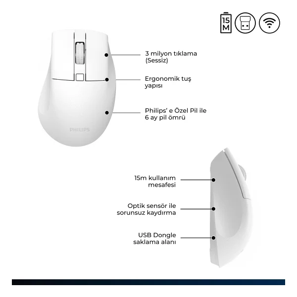 Philips Spk7528w Beyaz Sessiz Optik Kablosuz Mouse - Görsel 3