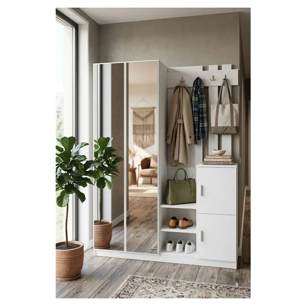 Robin Home Lina Aynalı Vestiyer Portmanto Ayakkabılık Beyaz - Görsel 5