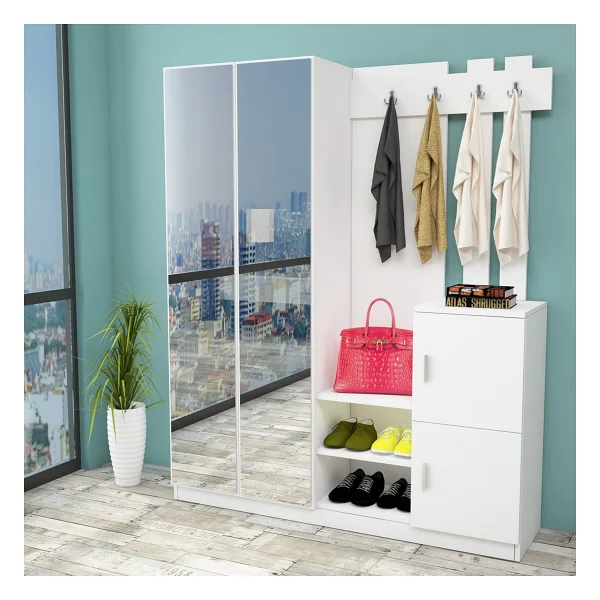 Robin Home Lina Aynalı Vestiyer Portmanto Ayakkabılık Beyaz - Görsel 2