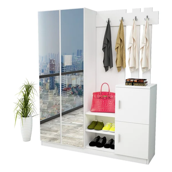 Robin Home Lina Aynalı Vestiyer Portmanto Ayakkabılık Beyaz - Görsel 3