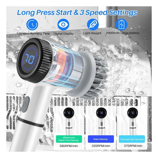 Coverzone 5 Başlıklı Şarjlı Temizlik Fırçası, Döner Güçlü Motorlu Mutfak Banyo Temizlik Aparatı, Lavabo Fayans Küvet Ocak Tencere Cam Fırçası, Type-C Şarjlı 360° Dönen Scrubber Orm-276 - Görsel 2