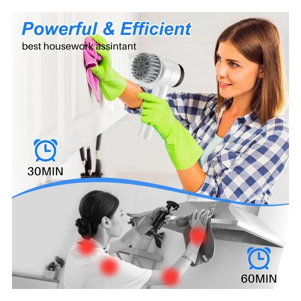 Coverzone 5 Başlıklı Şarjlı Temizlik Fırçası, Döner Güçlü Motorlu Mutfak Banyo Temizlik Aparatı, Lavabo Fayans Küvet Ocak Tencere Cam Fırçası, Type-C Şarjlı 360° Dönen Scrubber Orm-276 - Görsel 3