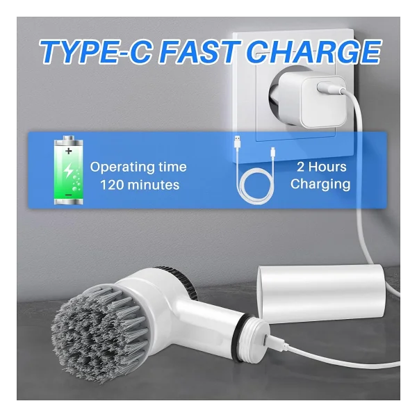 Coverzone 5 Başlıklı Şarjlı Temizlik Fırçası, Döner Güçlü Motorlu Mutfak Banyo Temizlik Aparatı, Lavabo Fayans Küvet Ocak Tencere Cam Fırçası, Type-C Şarjlı 360° Dönen Scrubber Orm-276 - Görsel 4