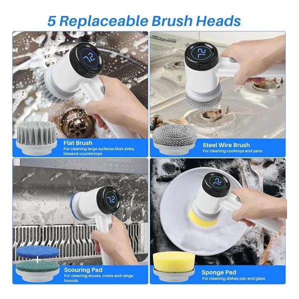 Coverzone 5 Başlıklı Şarjlı Temizlik Fırçası, Döner Güçlü Motorlu Mutfak Banyo Temizlik Aparatı, Lavabo Fayans Küvet Ocak Tencere Cam Fırçası, Type-C Şarjlı 360° Dönen Scrubber Orm-276 - Görsel 5