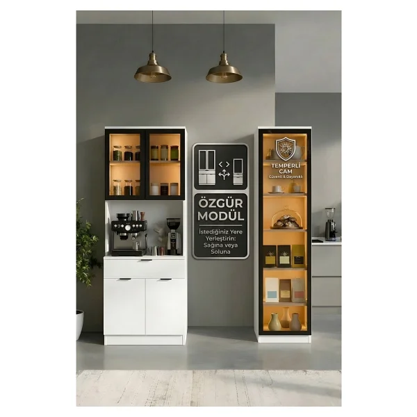 Misterium Dream Premium Kahve Istasyonu - Kahve Köşesi Ve Mutfak Ünitesi - Beyaz Füme Temperli Camlı LED Modül - Görsel 6