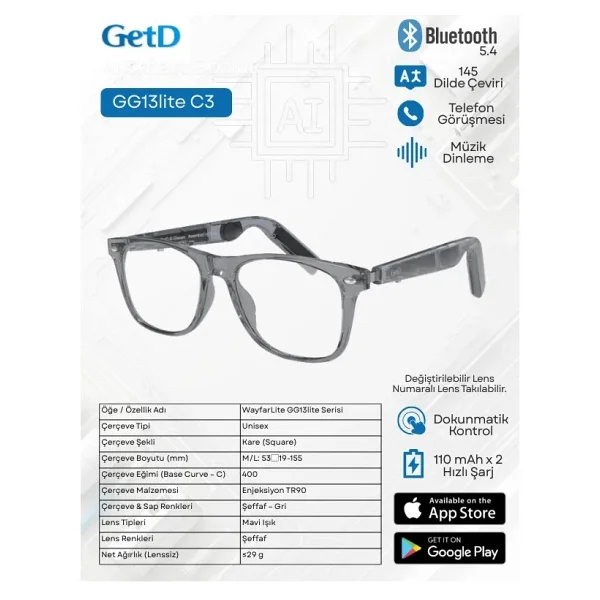 Get D Getd Gg13litec3 Akıllı Gözlük - Çeviri, Müzik Ve Arama Özellikli Bluetooth Gözlük(Kamerasız) - Görsel 8