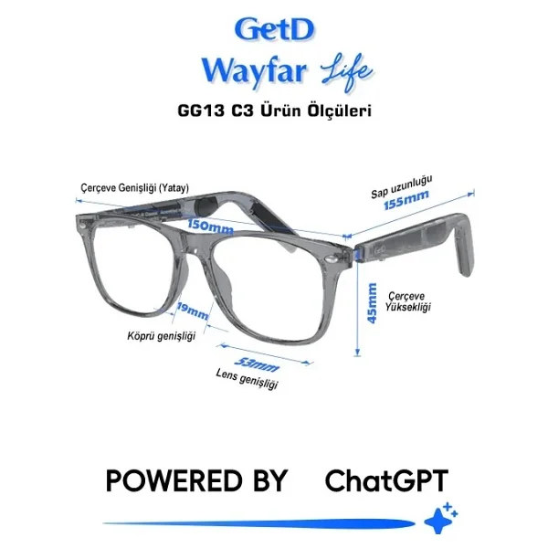 Get D Getd Gg13litec3 Akıllı Gözlük - Çeviri, Müzik Ve Arama Özellikli Bluetooth Gözlük(Kamerasız) - Görsel 2