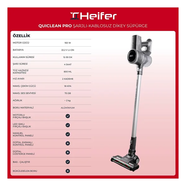 Heifer Quiclean Pro Şarjlı Dikey Süpürge - Görsel 5