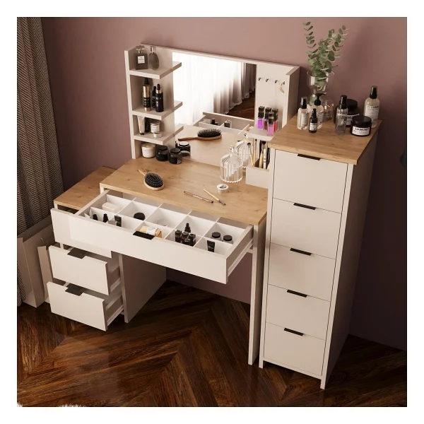 Bimossa T3060 İzabel Çekmeceli Dolaplı Makyaj Masası Sepet-Kumtaşı Aynalı, 3 Çekmeceli Yan Dolaplı, Raflı Ceviz - Görsel 2