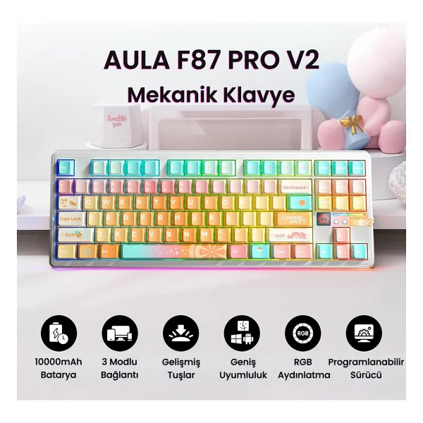 Aula F87 Pro V2 Mekanik RGB Tkl Meteor Ice Cream Switch Kablosuz Makrolu Hot Swap Klavye Orange Juice - Görsel 2
