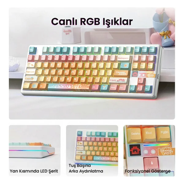 Aula F87 Pro V2 Mekanik RGB Tkl Meteor Ice Cream Switch Kablosuz Makrolu Hot Swap Klavye Orange Juice - Görsel 4