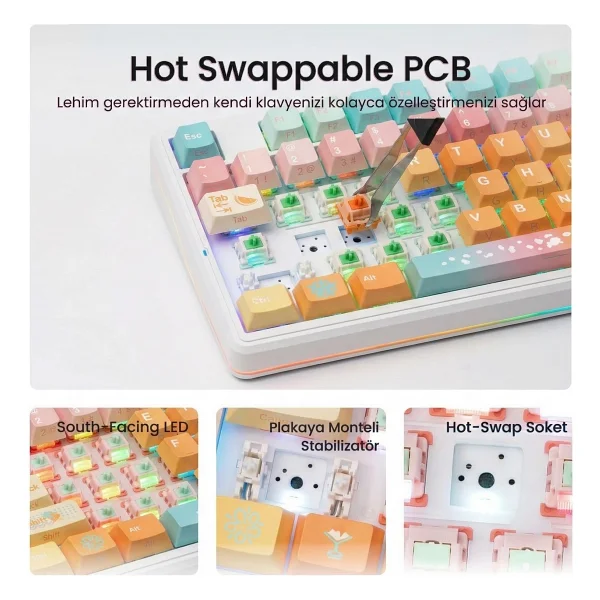 Aula F87 Pro V2 Mekanik RGB Tkl Meteor Ice Cream Switch Kablosuz Makrolu Hot Swap Klavye Orange Juice - Görsel 5