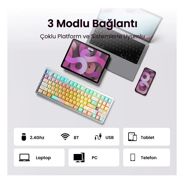 Aula F87 Pro V2 Mekanik RGB Tkl Meteor Ice Cream Switch Kablosuz Makrolu Hot Swap Klavye Orange Juice - Görsel 6