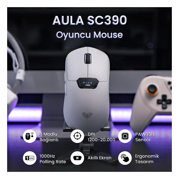 Aula Sc390 Beyaz Şarjlı Optik Kablolu/Kablosuz Oyuncu Mouse - Görsel 2
