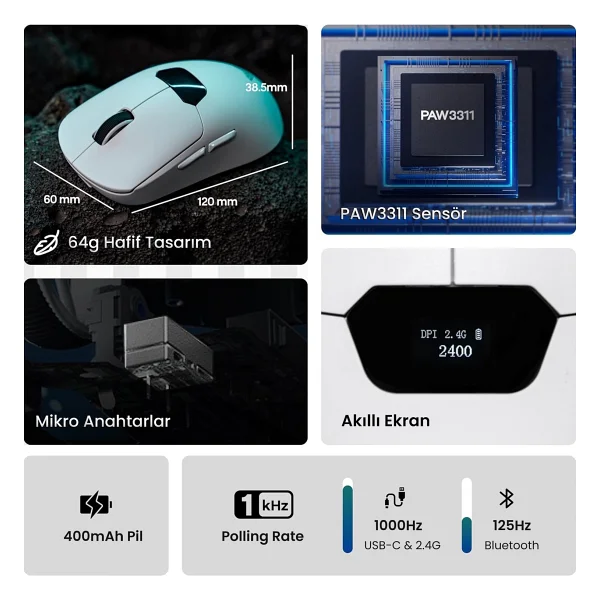 Aula Sc390 Beyaz Şarjlı Optik Kablolu/Kablosuz Oyuncu Mouse - Görsel 3