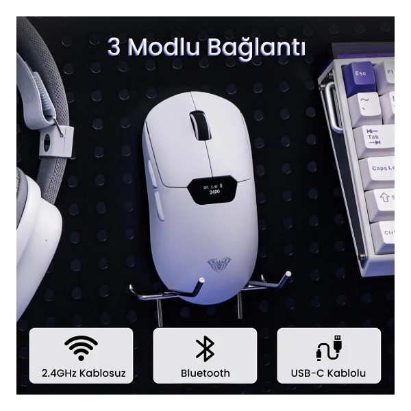Aula Sc390 Beyaz Şarjlı Optik Kablolu/Kablosuz Oyuncu Mouse - Görsel 6