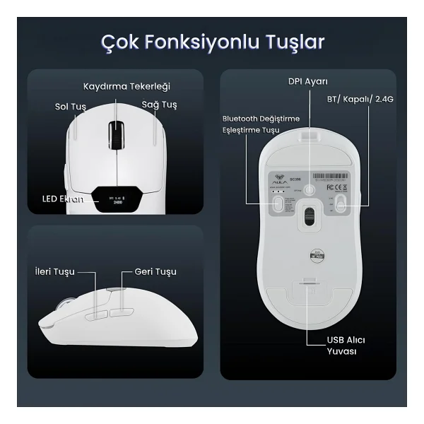 Aula Sc390 Beyaz Şarjlı Optik Kablolu/Kablosuz Oyuncu Mouse - Görsel 7