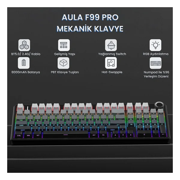 Aula F99 Pro 3 Modlu RGB Hot Swap Mekanik Nimbus V3 Switch Kablosuz Makrolu Klavye Gradyan Gri - Görsel 2