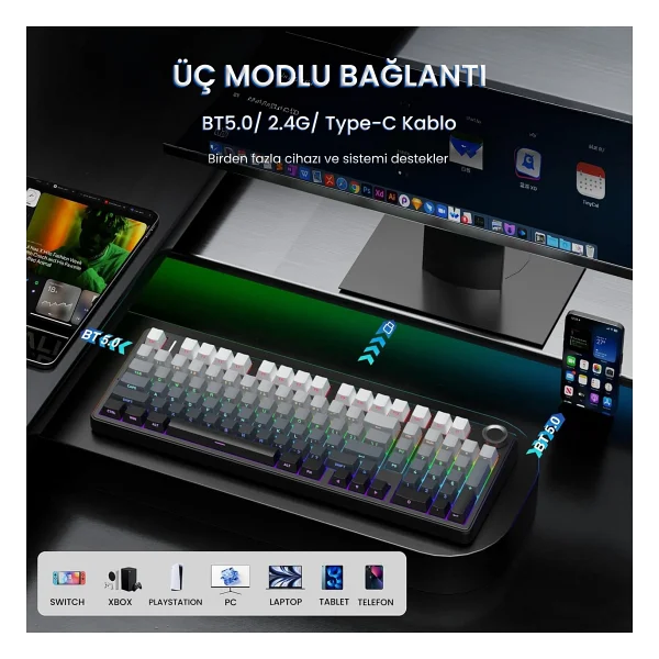 Aula F99 Pro 3 Modlu RGB Hot Swap Mekanik Nimbus V3 Switch Kablosuz Makrolu Klavye Gradyan Gri - Görsel 3
