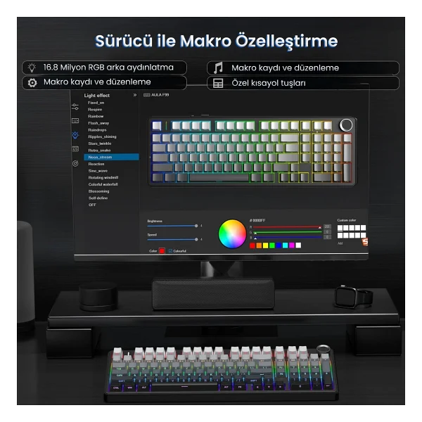 Aula F99 Pro 3 Modlu RGB Hot Swap Mekanik Nimbus V3 Switch Kablosuz Makrolu Klavye Gradyan Gri - Görsel 8