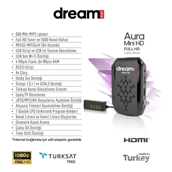 Dreamstar Aura Mini HD Uydu Alıcısı - Görsel 3
