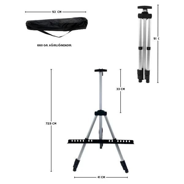 Temel Katlanabilir Alüminyum Tripod Şövale - Ayarlanabilir, Ultra Hafif, Taşıma Çantalı, Gümüş - Görsel 4