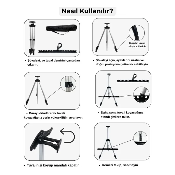 Temel Katlanabilir Alüminyum Tripod Şövale - Ayarlanabilir, Ultra Hafif, Taşıma Çantalı, Gümüş - Görsel 6