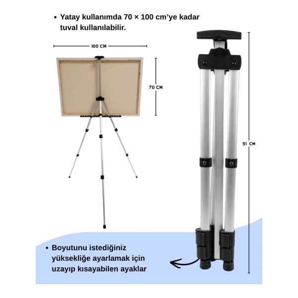 Temel Katlanabilir Alüminyum Tripod Şövale - Ayarlanabilir, Ultra Hafif, Taşıma Çantalı, Gümüş - Görsel 7