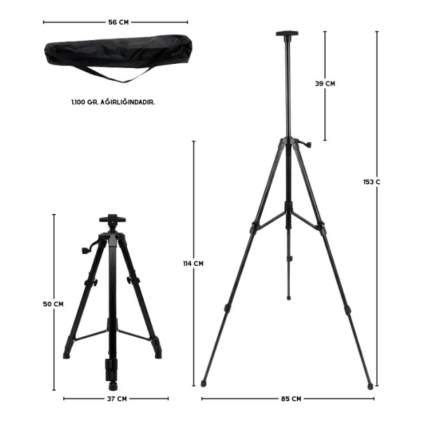 Temel Katlanabilir Metal Tripod Şövale - Kollu Yükseklik Ayarlı, Taşıma Çantalı, Siyah - Görsel 3