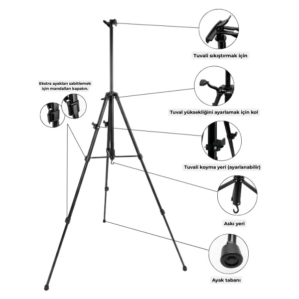 Temel Katlanabilir Metal Tripod Şövale - Kollu Yükseklik Ayarlı, Taşıma Çantalı, Siyah - Görsel 4