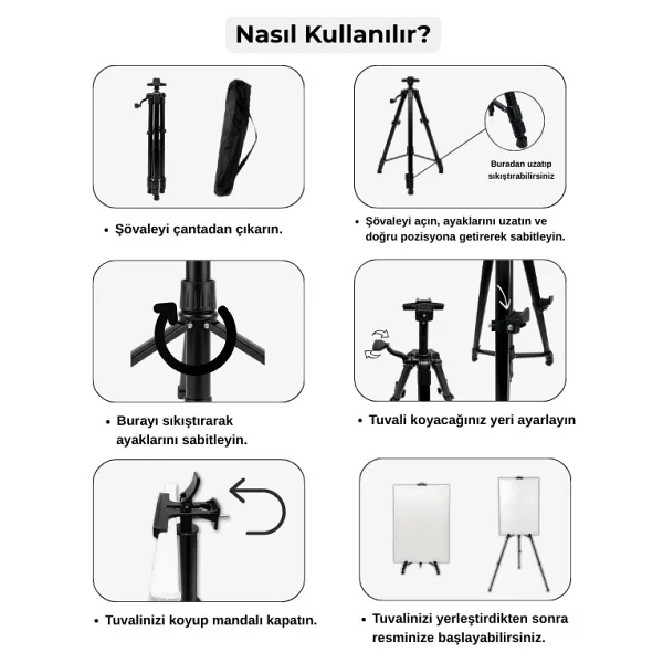 Temel Katlanabilir Metal Tripod Şövale - Kollu Yükseklik Ayarlı, Taşıma Çantalı, Siyah - Görsel 5