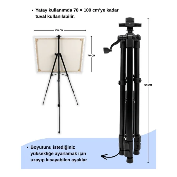 Temel Katlanabilir Metal Tripod Şövale - Kollu Yükseklik Ayarlı, Taşıma Çantalı, Siyah - Görsel 6
