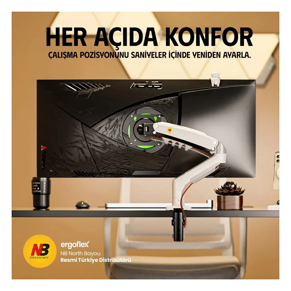 North Bayou F80-W Beyaz 17-30 İnç Tek Kollu Amortisörlü Monitör Standı - Görsel 5