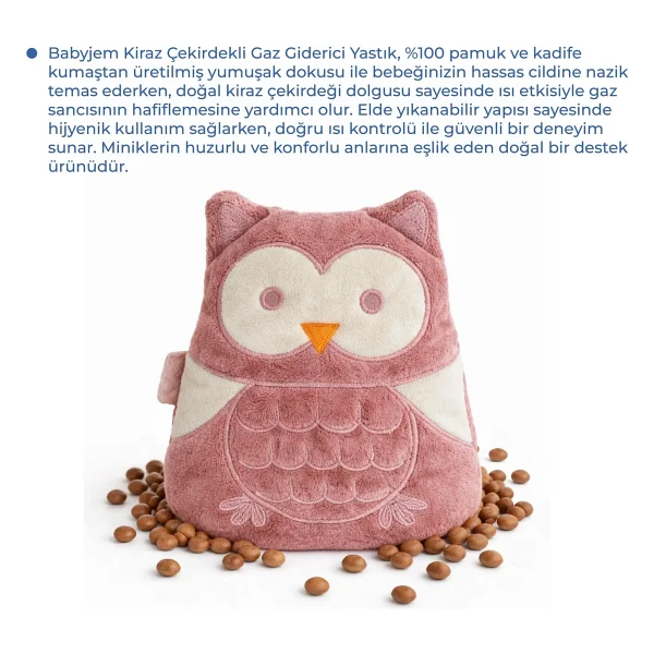 Babyjem Kiraz Çekirdekli Baykuş Kadife Rahatlatıcı Gaz Kemeri & Gaz Yastığı - Gül Kurusu - Görsel 2