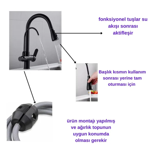 Fleko Arıtmalı Mutfak Bataryası Siyah Renkli Tezgah Üstü Montaj İçin Leke Tutmayan Inox Malzeme - Görsel 6