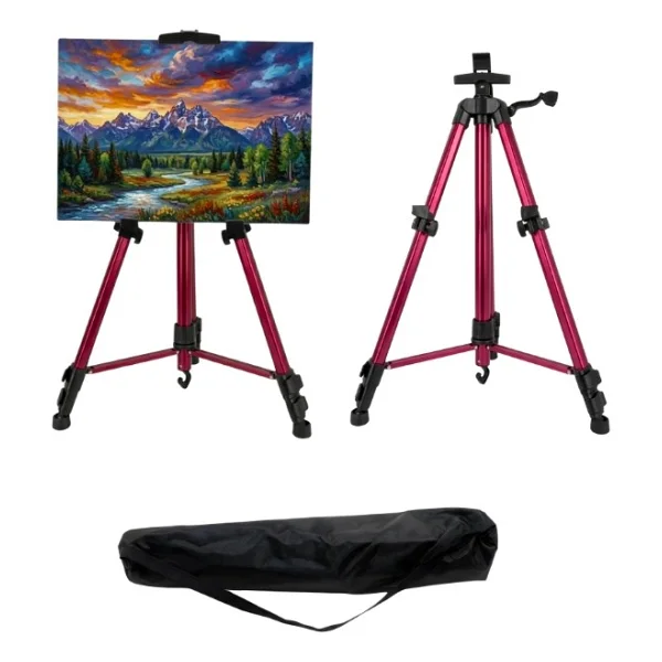 Temel Katlanabilir Alüminyum Tripod Şövale - Kollu Yükseklik Ayarlı, Su Terazili, Pembe - Görsel 7
