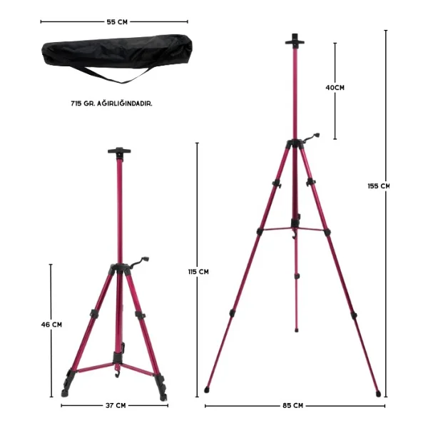 Temel Katlanabilir Alüminyum Tripod Şövale - Kollu Yükseklik Ayarlı, Su Terazili, Pembe - Görsel 3