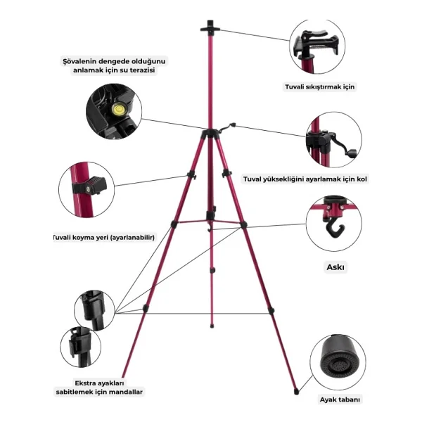 Temel Katlanabilir Alüminyum Tripod Şövale - Kollu Yükseklik Ayarlı, Su Terazili, Pembe - Görsel 4