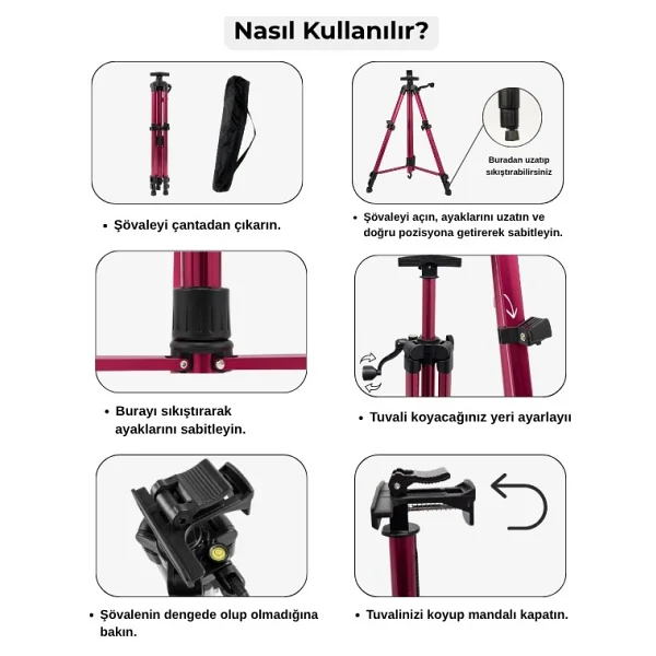 Temel Katlanabilir Alüminyum Tripod Şövale - Kollu Yükseklik Ayarlı, Su Terazili, Pembe - Görsel 5