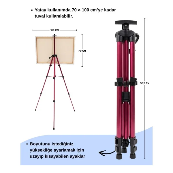 Temel Katlanabilir Alüminyum Tripod Şövale - Kollu Yükseklik Ayarlı, Su Terazili, Pembe - Görsel 6