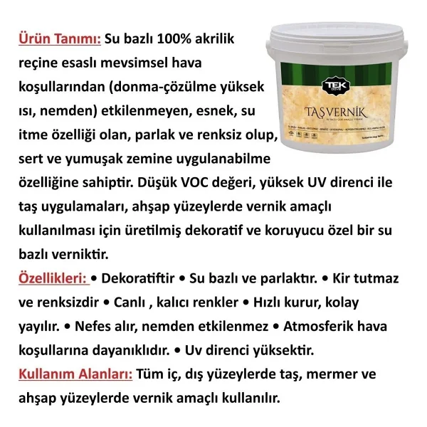 Tek Boya Su Bazlı Çok Amaçlı Taş Vernik Renksiz 0,75 Litre Parlak Ve Kir Tutmaz Özellikte - Görsel 2