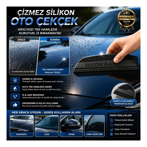 Dexmon Oto Araba Araç Cam Ve Kaporta Su Temizlik Silecek Çekçek Çekecek Çizmez Silikon - Siyah Karbon - Görsel 2