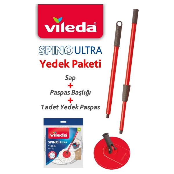 Vileda Spino Ultra Yedek Sap + Başlık + Yedek Paspas Paketi - Kırmızı - Görsel 3