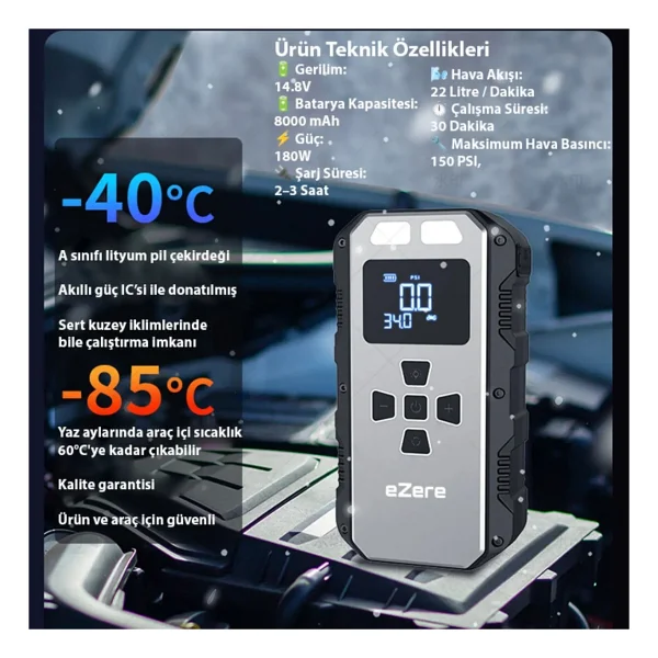 Ezere 4in1 8000 mAh Jump Starter Taşınabilir Akü Takviye Seti - Görsel 8