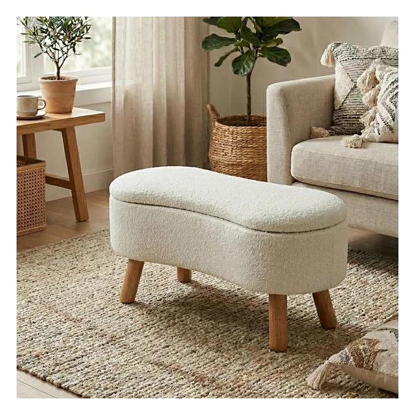Zem Scala Sandıklı Bohem Ahşap Ayaklı Puf/Bench, Kırık Beyaz - Görsel 2