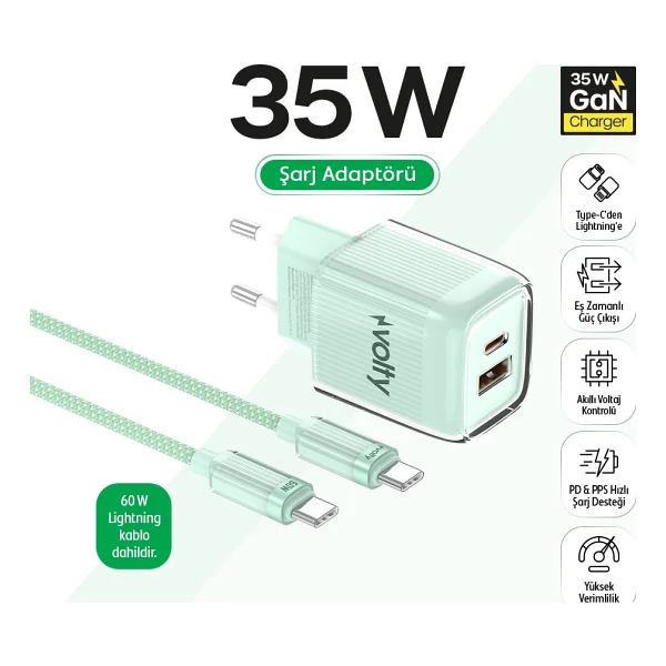 Volty Hızlı Şarj Adaptörü 35w Gan + Type-C Kablo 60w Pd USB-C & USB-A, Laptop & Telefon (Yeşıl-V0102022) - Görsel 5