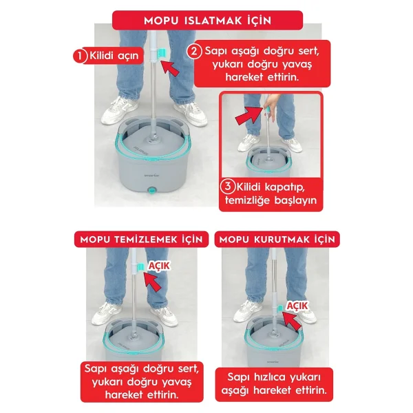 Smarter Aqua Max Özel Seri Şeffaf Temiz & Kirli Suyu Ayırma Çift Kova Temizlik Seti Mop Paspas - Görsel 7